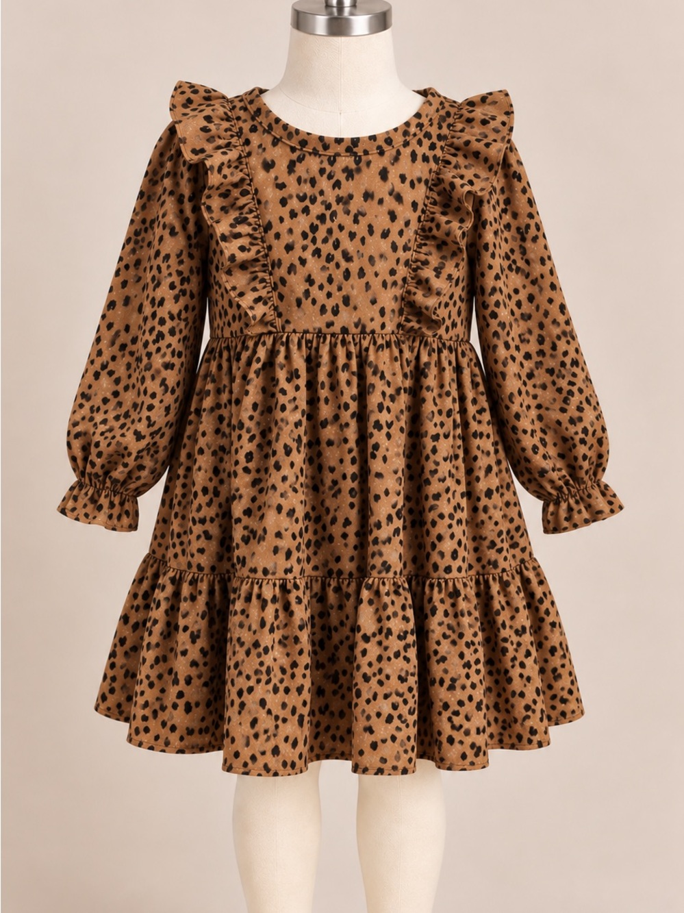 SHEIN Girls 6Y Leopard Print Tiered Ruffle Dress Long Sleeve Brown